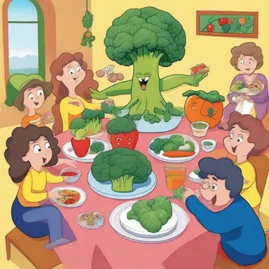 In the colorful world of cartoons, the animated characters gathered around a table filled with various vegetables, including a lively plate of broccoli rabe.