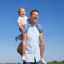 A loving father carrying his joyful child on his back, both laughing and having fun under the bright, blue sky.