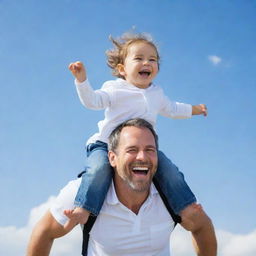 A loving father carrying his joyful child on his back, both laughing and having fun under the bright, blue sky.