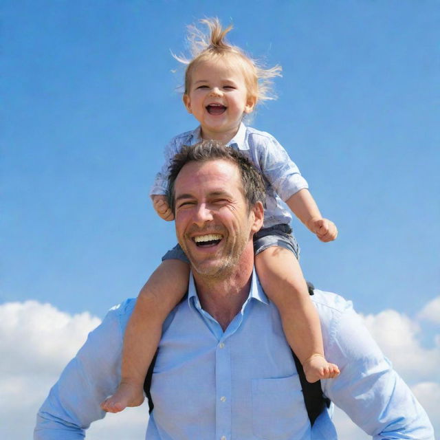 A loving father carrying his joyful child on his back, both laughing and having fun under the bright, blue sky.