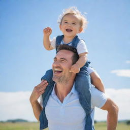 A loving father carrying his joyful child on his back, both laughing and having fun under the bright, blue sky.