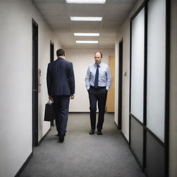 A poignant image of a tired office man, leaving his workspace for the last time, reflecting a mixture of relief and uncertainty