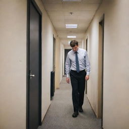 A poignant image of a tired office man, leaving his workspace for the last time, reflecting a mixture of relief and uncertainty