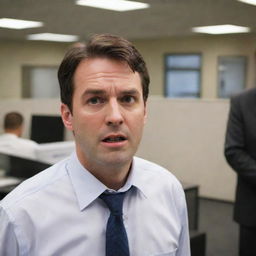 Highlight the office scene with the man leaving, and his furious boss in the background, both expressions capturing the tension of the moment