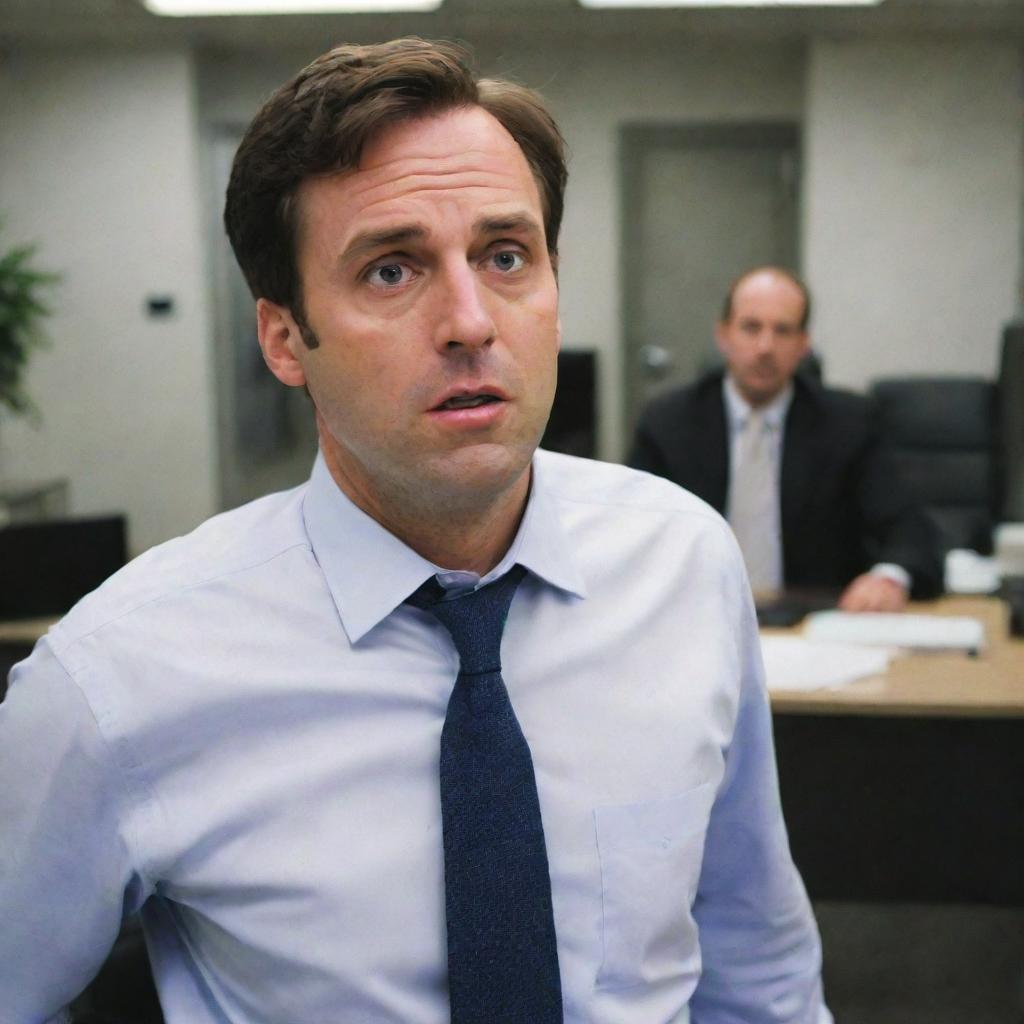 Highlight the office scene with the man leaving, and his furious boss in the background, both expressions capturing the tension of the moment