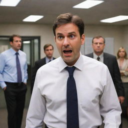 Highlight the office scene with the man leaving, and his furious boss in the background, both expressions capturing the tension of the moment