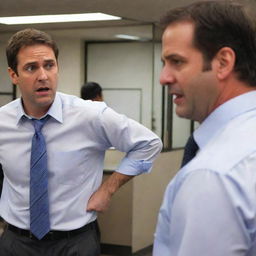 Highlight the office scene with the man leaving, and his furious boss in the background, both expressions capturing the tension of the moment