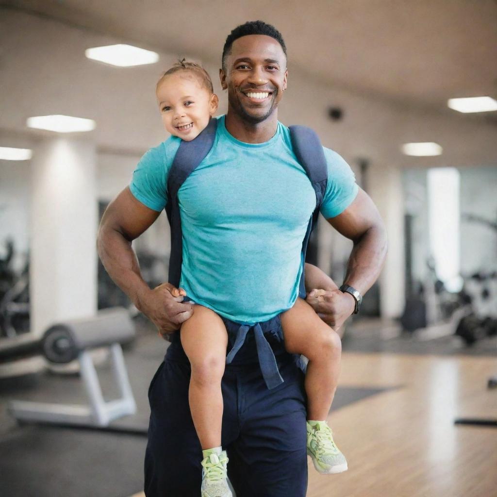 A fit father in gym clothes, joyfully carrying his smiling child on his back.