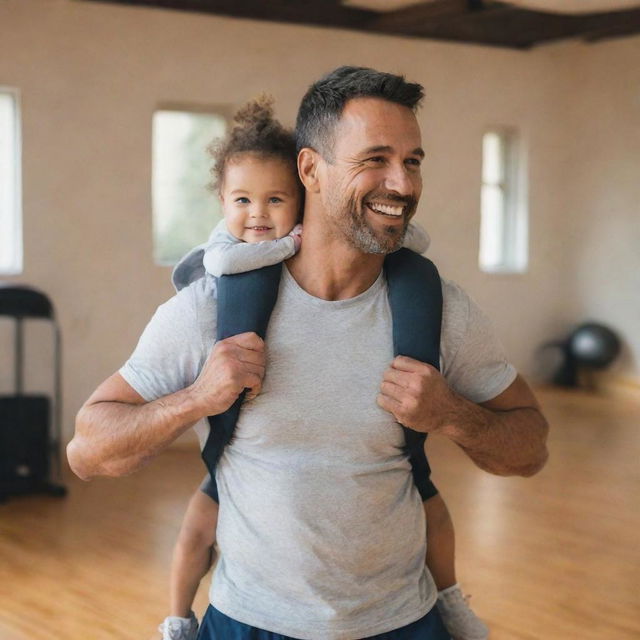 A fit father in gym clothes, joyfully carrying his smiling child on his back.