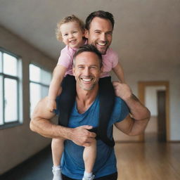 A fit father in gym clothes, joyfully carrying his smiling child on his back.