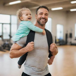 A fit father in gym clothes, joyfully carrying his smiling child on his back.