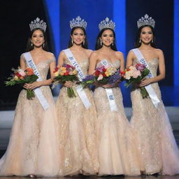 Five delegates of Miss Philippines onstage, each in a unique evening gown, experiencing the crowning moment. Their heads adorned with elegant crowns, sashes draped across their frames, and vibrant bouquets of flowers clasped in their hands.