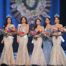 Five delegates of Miss Philippines onstage, each in a unique evening gown, experiencing the crowning moment. Their heads adorned with elegant crowns, sashes draped across their frames, and vibrant bouquets of flowers clasped in their hands.