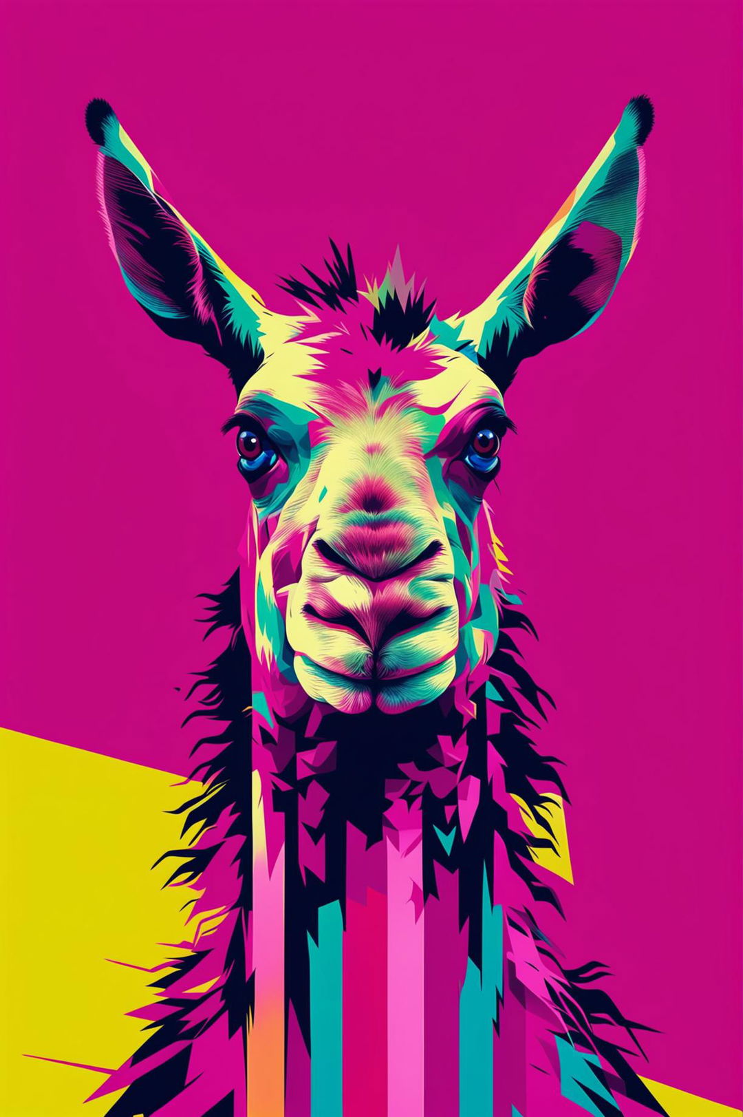 A high-quality, digital pop art wallpaper featuring a stylized lama, rendered in bold, contrasting colors against a bright backdrop