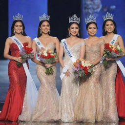 Five delegates of Miss Philippines onstage, each in a unique evening gown, experiencing the crowning moment. Their heads adorned with elegant crowns, sashes draped across their frames, and vibrant bouquets of flowers clasped in their hands.