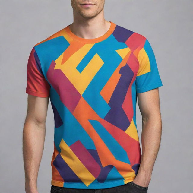 Create a vibrant, abstract design that covers the entire T-shirt - front, back, and sides, using a dynamic color scheme that ensures balance and harmony.