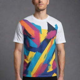 Create a vibrant, abstract design that covers the entire T-shirt - front, back, and sides, using a dynamic color scheme that ensures balance and harmony.