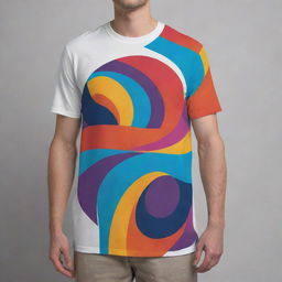 Create a vibrant, abstract design that covers the entire T-shirt - front, back, and sides, using a dynamic color scheme that ensures balance and harmony.