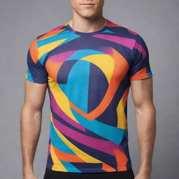 Create a vibrant, abstract design that covers the entire T-shirt - front, back, and sides, using a dynamic color scheme that ensures balance and harmony.