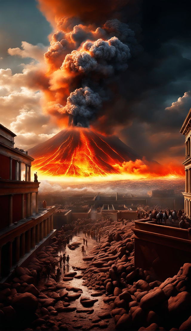 A 4K ultra-HD digital art piece depicting the eruption of Pompeii with ghostly figures of people running for safety. The scene is rendered with hyper-realistic detail and cinematic lighting.