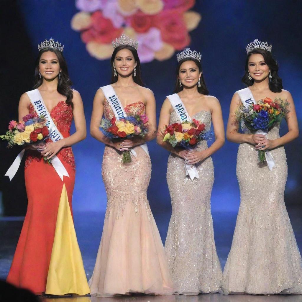 Five Miss Philippines delegates onstage, each dressed in a distinctively colored evening gown, during the crowning moment. They wear elegant crowns, sashes and hold vibrant flowers in their hands, symbolizing their achievements.