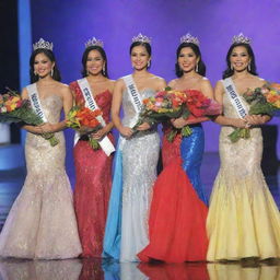 Five Miss Philippines delegates onstage, each dressed in a distinctively colored evening gown, during the crowning moment. They wear elegant crowns, sashes and hold vibrant flowers in their hands, symbolizing their achievements.