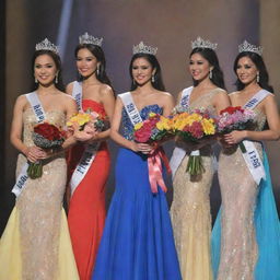 Five Miss Philippines delegates onstage, each dressed in a distinctively colored evening gown, during the crowning moment. They wear elegant crowns, sashes and hold vibrant flowers in their hands, symbolizing their achievements.