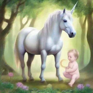 In the land of magical creatures, the paternal unicorn protected their young with unwavering dedication.