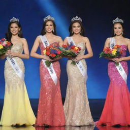 Five Miss Philippines delegates onstage, each dressed in a distinctively colored evening gown, during the crowning moment. They wear elegant crowns, sashes and hold vibrant flowers in their hands, symbolizing their achievements.