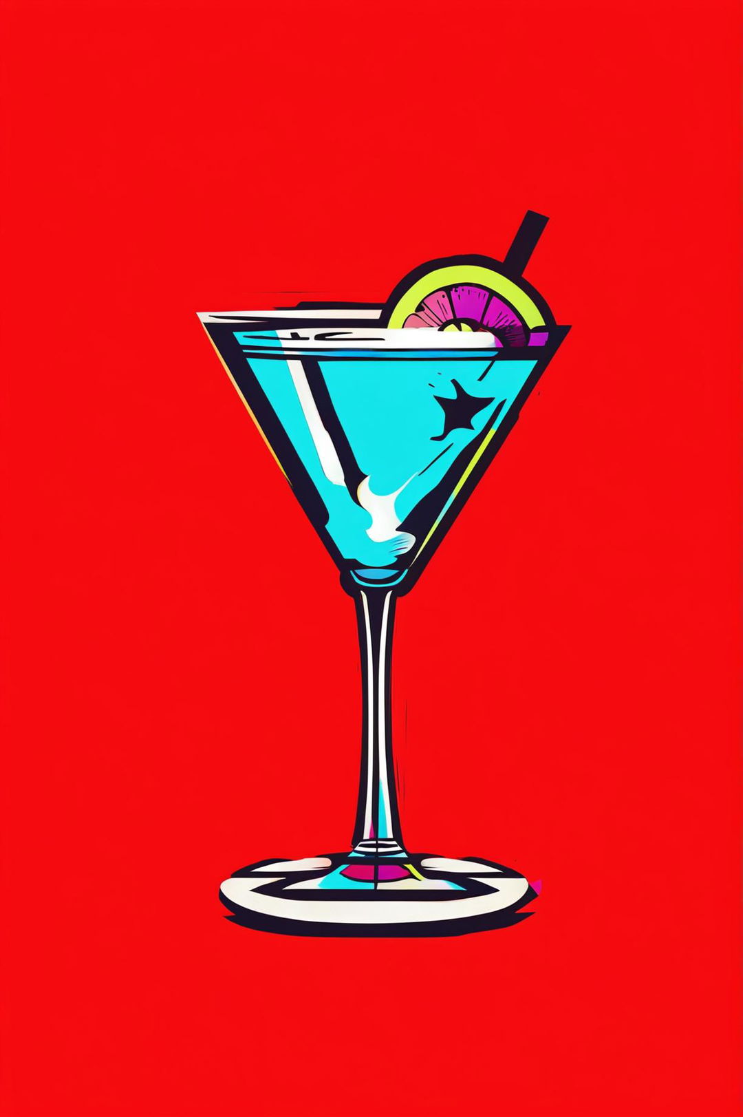 A high-quality, digital pop art wallpaper featuring a stylized cocktail glass, rendered in bold, contrasting colors against a bright backdrop