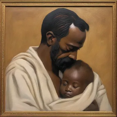 The painting depicted a paternal figure holding his child in a tender embrace.