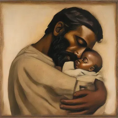 The painting depicted a paternal figure holding his child in a tender embrace.