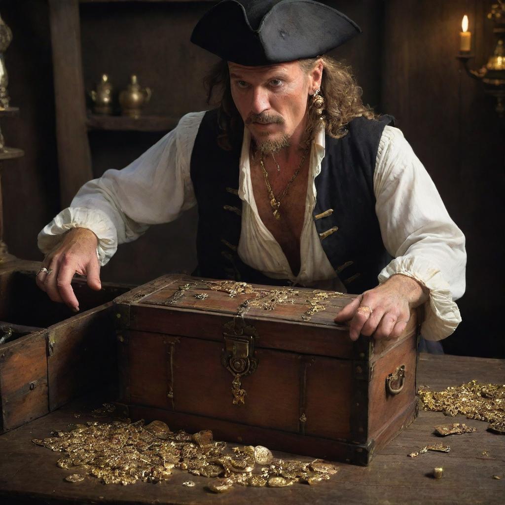 A thrilling scene depicting the man, now as a pirate, discovering an old chest brimming with gold and precious jewels