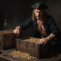 A thrilling scene depicting the man, now as a pirate, discovering an old chest brimming with gold and precious jewels