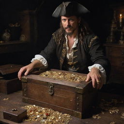 A thrilling scene depicting the man, now as a pirate, discovering an old chest brimming with gold and precious jewels