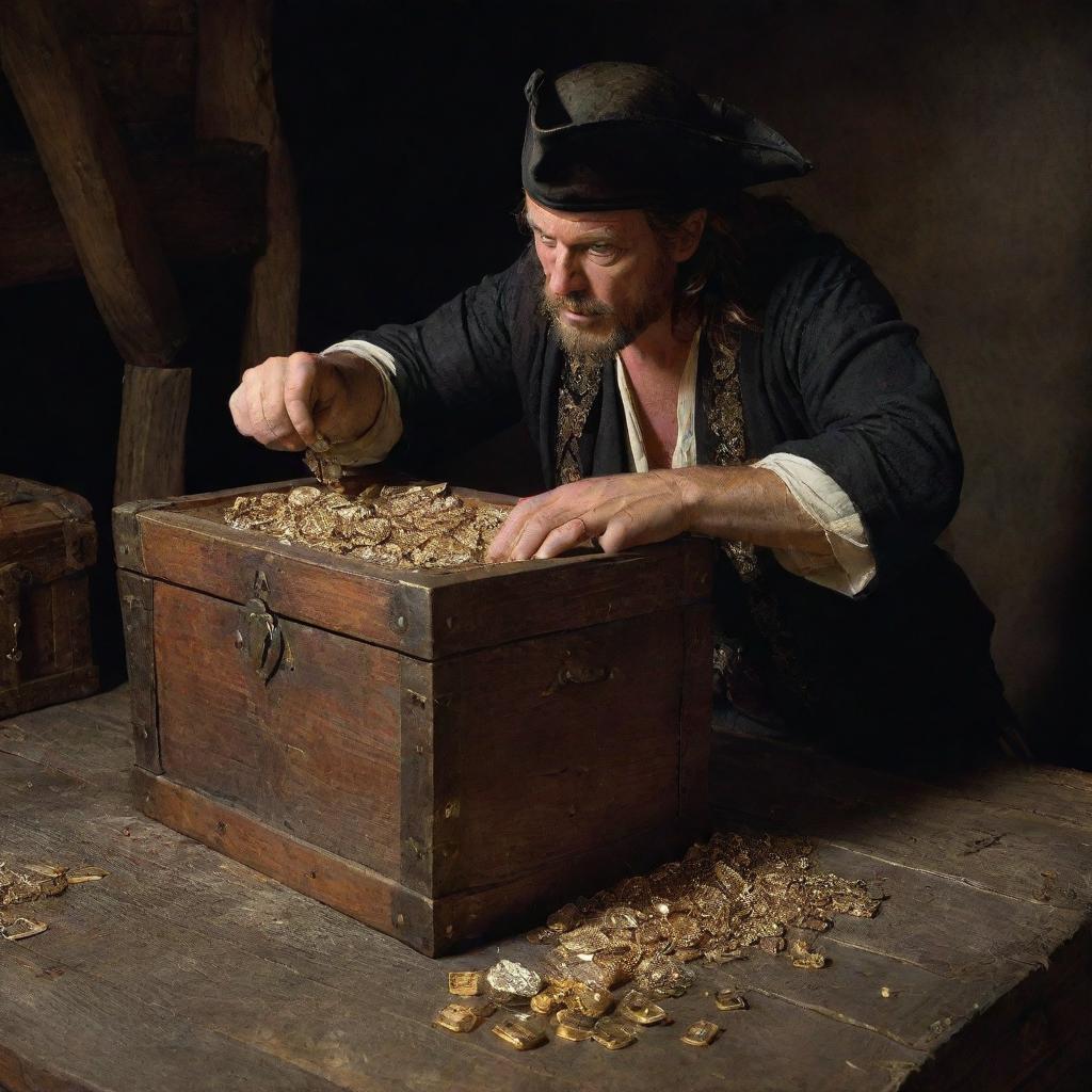 A thrilling scene depicting the man, now as a pirate, discovering an old chest brimming with gold and precious jewels