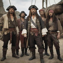 An adventurous scene featuring the man, now a pirate, standing with his newfound crew, full of diverse and eccentric pirates