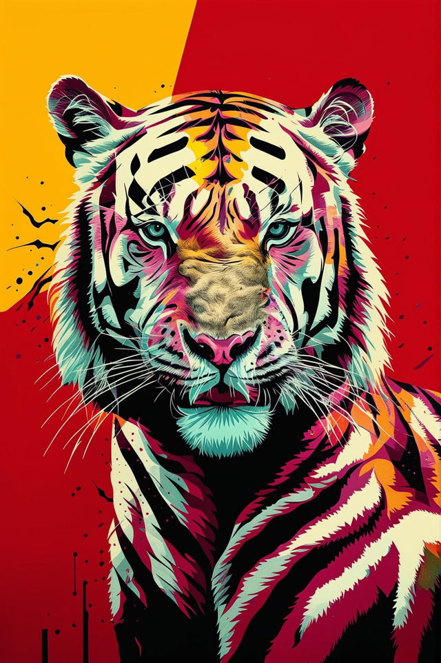 A high-quality, digital pop art wallpaper featuring a stylized tiger, rendered in bold, contrasting colors against a bright backdrop