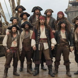 An adventurous scene featuring the man, now a pirate, standing with his newfound crew, full of diverse and eccentric pirates