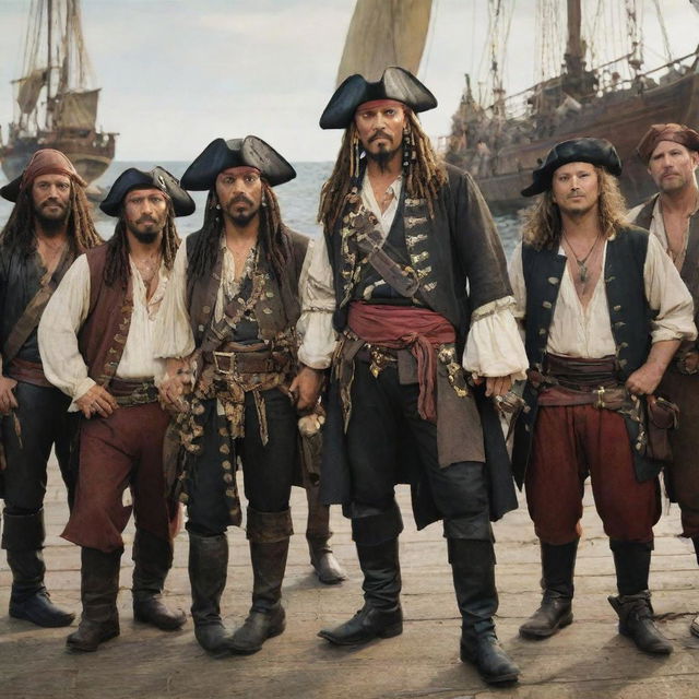 An adventurous scene featuring the man, now a pirate, standing with his newfound crew, full of diverse and eccentric pirates