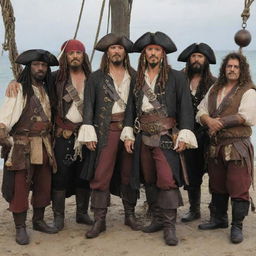 An adventurous scene featuring the man, now a pirate, standing with his newfound crew, full of diverse and eccentric pirates