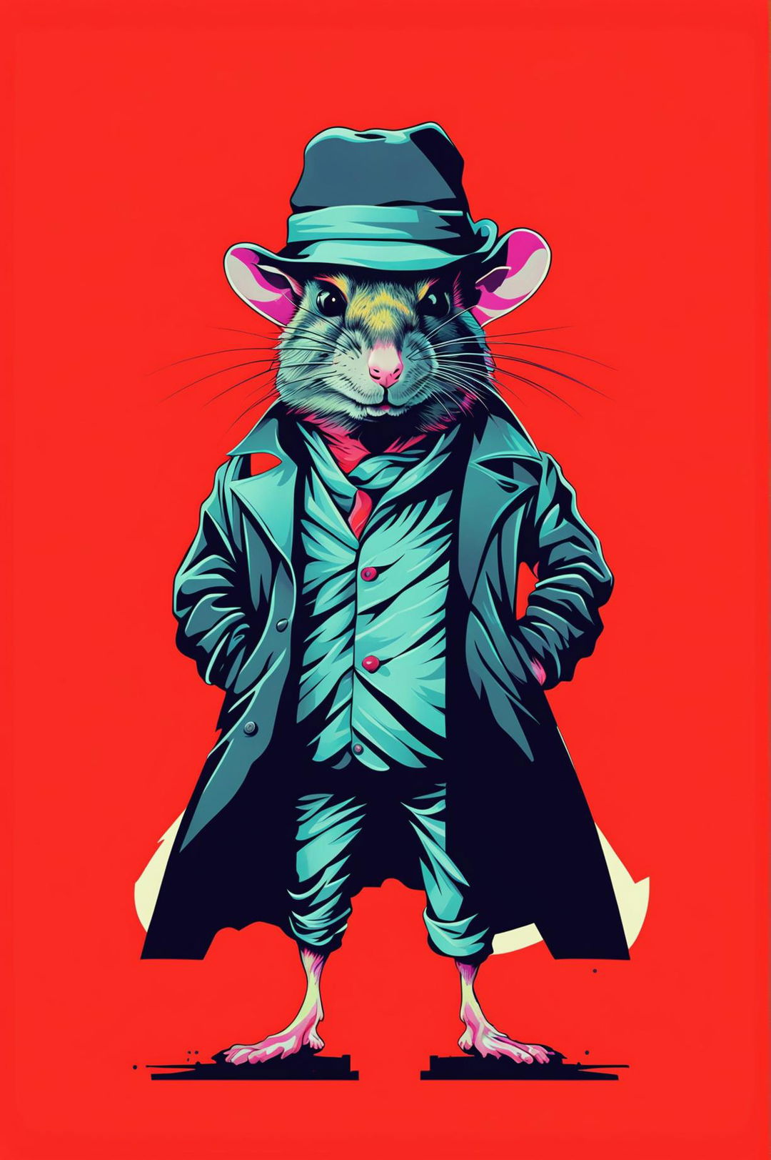 A high-quality, digital pop art wallpaper featuring a stylized gangster rat, rendered in bold, contrasting colors against a bright backdrop