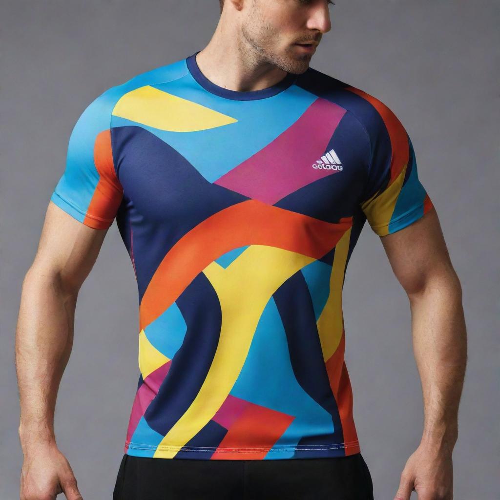 Create an abstract, dynamic design covering the entire surface of a sports T-shirt - front, back, and sides. Use a color scheme that makes the design pop whilst ensuring balance and harmony.