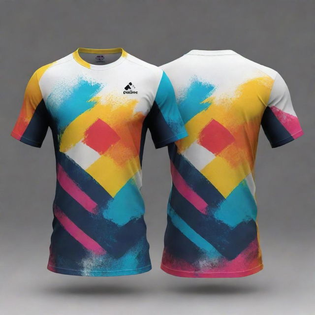 Create an abstract, dynamic design covering the entire surface of a sports T-shirt - front, back, and sides. Use a color scheme that makes the design pop whilst ensuring balance and harmony.