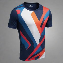 Create an abstract, dynamic design covering the entire surface of a sports T-shirt - front, back, and sides. Use a color scheme that makes the design pop whilst ensuring balance and harmony.