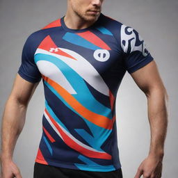 Create an abstract, dynamic design covering the entire surface of a sports T-shirt - front, back, and sides. Use a color scheme that makes the design pop whilst ensuring balance and harmony.