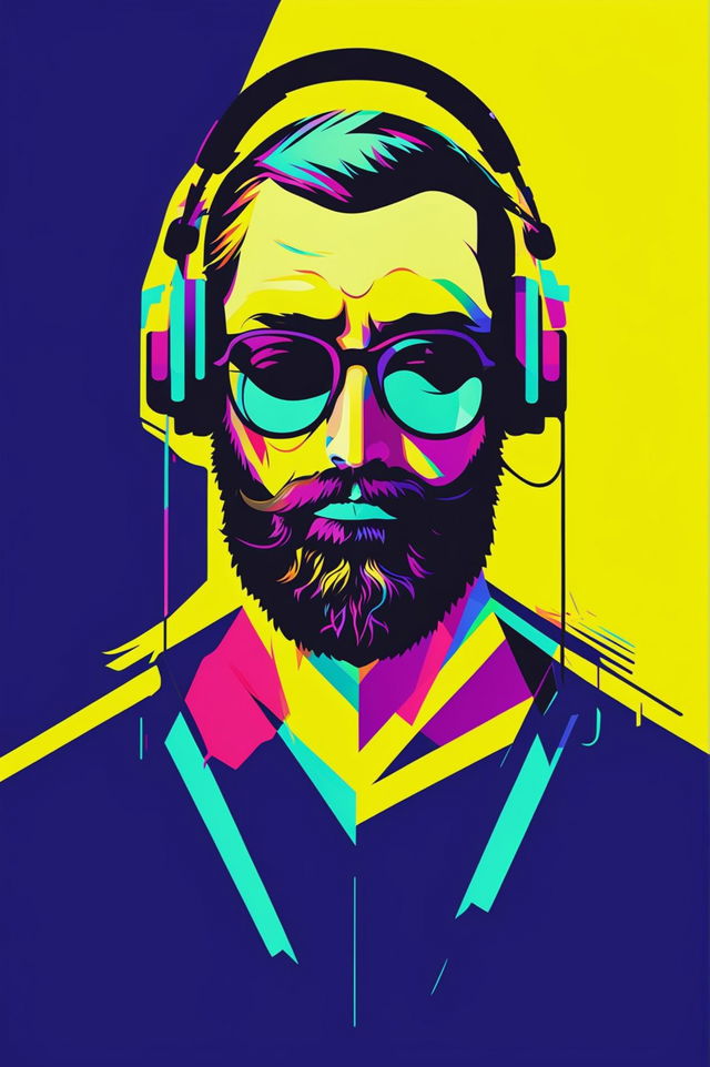 A high-quality, digital pop art wallpaper featuring a stylized hipster man with headphones, rendered in bold, contrasting colors against a bright backdrop