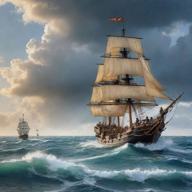 A captivating seascape with the pirate crew aboard their ship, exploring vast, untamed waters under a cloud-streaked sky