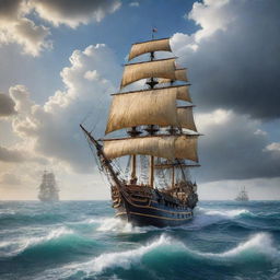 A captivating seascape with the pirate crew aboard their ship, exploring vast, untamed waters under a cloud-streaked sky