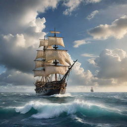 A captivating seascape with the pirate crew aboard their ship, exploring vast, untamed waters under a cloud-streaked sky